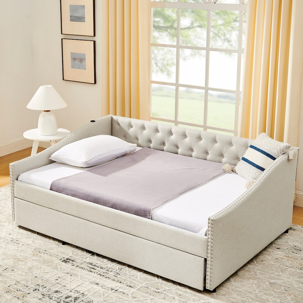 Beige Full Size Daybed with USB Charging & Extendable Bed