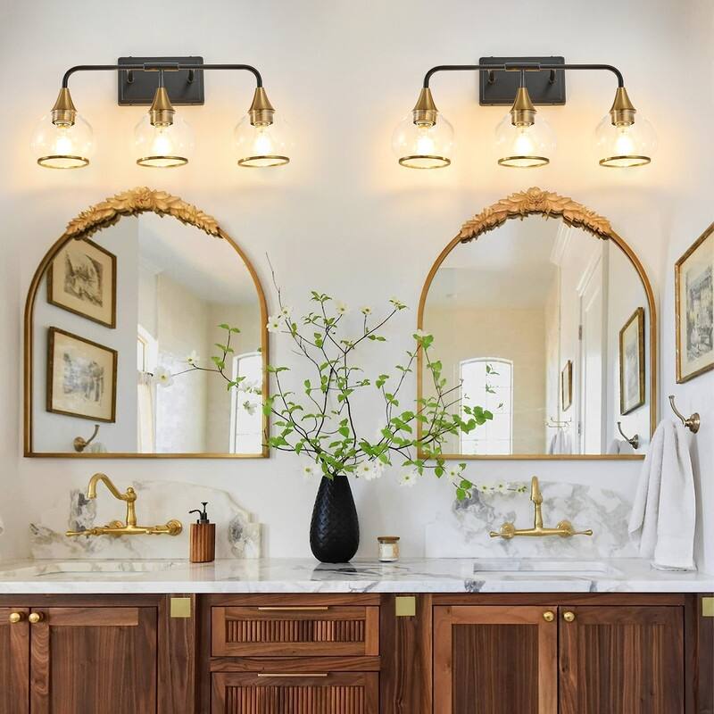 Modern Black and Gold Vanity Wall Sconce with Clear Glass Shades Industrial Bathroom Light Fixture (Bulb Not Included)
