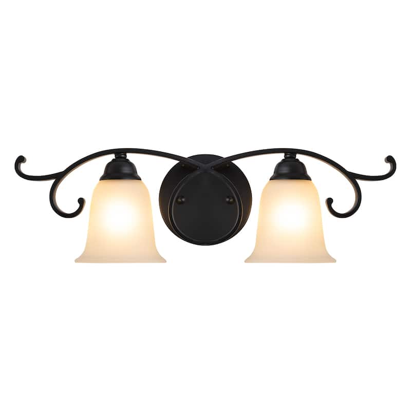 2-Light Black Scrollwork Metal Wall Sconce Frosted Bell Shade