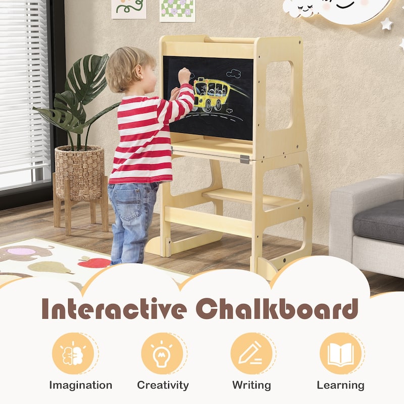 3-in-1 Wooden Foldable Toddler Standing Tower Step Stool with Chalkboard Table Set - 27" x 15.5" x 36"