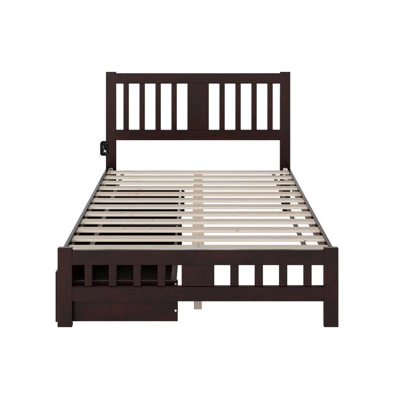 Full Bed with Footboard & Drawers - Espresso Wood Bed Frame, Charging Station, Solid Hardwood Construction
