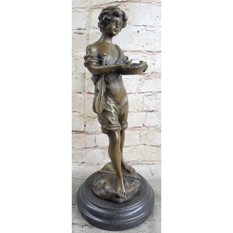 100 Percent Solid Bronze Sculpture Statue Figure Boy And Violin Figurine Figure Decor