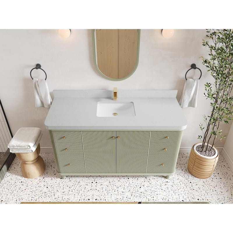 Willow Collections 60 in. W x 22 in. D Reeded Miami Single Bowl Sink Bathroom Vanity with Countertop - 2”Carrara Quartz - Evergreen