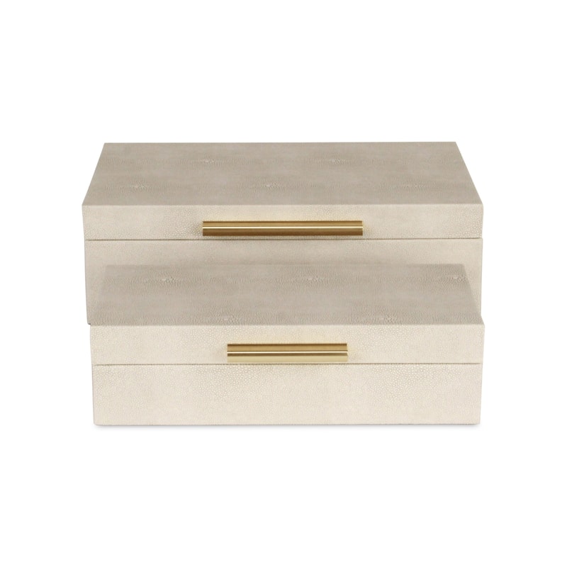 Set of 2 White Rectangular Faux Shagreen Decorative Box with Handles 11.75"