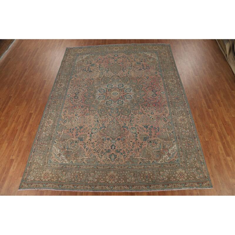 Pink Floral Tabriz Persian Area Rug Handmade Wool Carpet - 9'7" x 13'0"