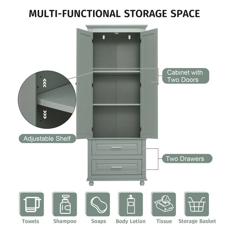 White Tall Kitchen Storage Cabinet with Two Drawers for Bathroom,Office