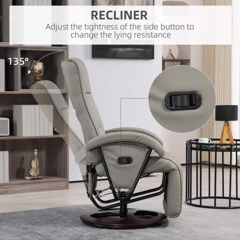PU Recliner with Footrest, Lounge Chair with 135° Adjustable Backrest, Swivel Wood Base, Padded Seat & Armrests