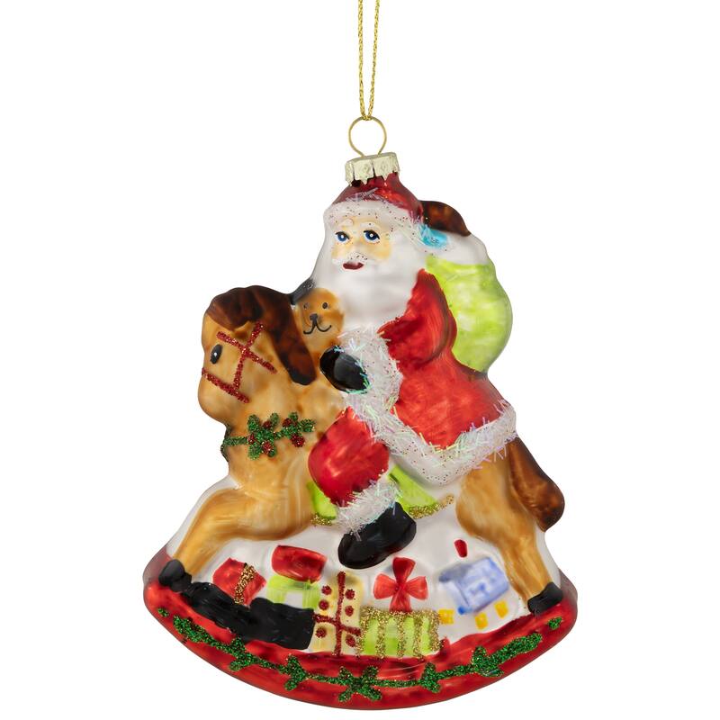 Santa on a Rocking Horse Glittered Glass Christmas Ornament - 4.75" - Red - 4.5"