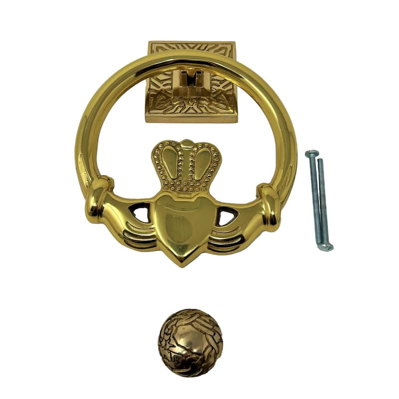 Brass Claddagh Circular Door Knocker with Irish Symbolism - Polished Brass