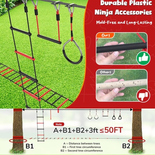 Ninja Warrior Obstacle 40の長さの安全のための8つの調整可能なツインギアラチェット付きスラックラインキットと子供と大人のためのツリープロテクターとキ : American Ninja Warrior 40\u0027 Extreme Ninjaline Kit w