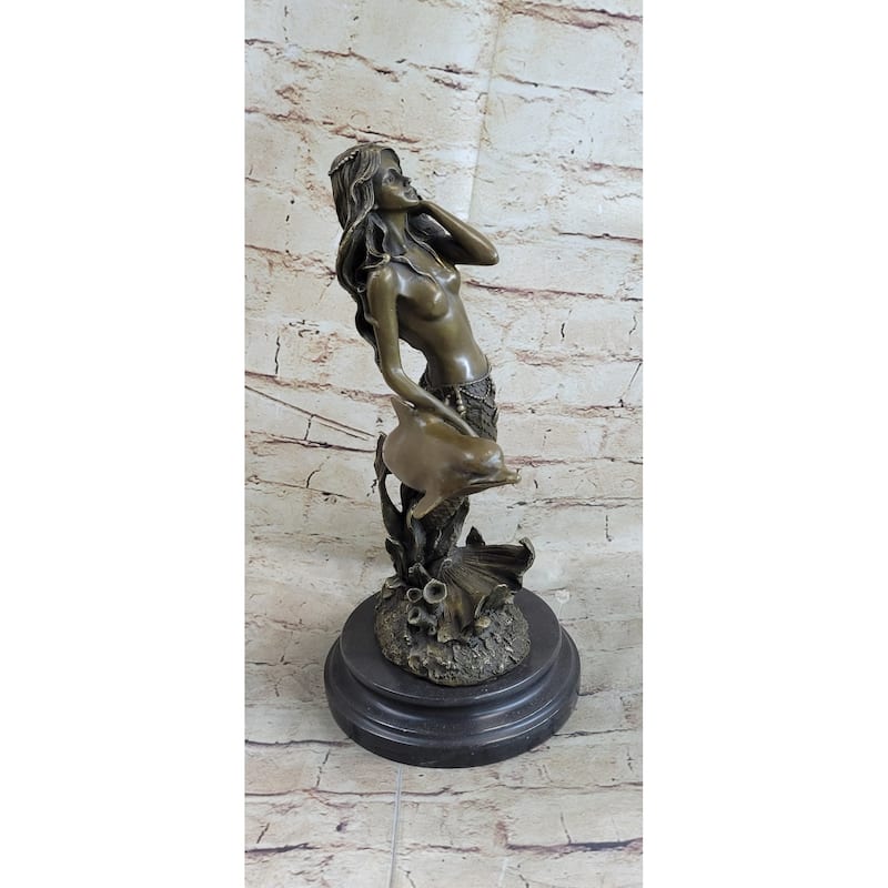 Mermaid And Imitative Dolphin Bronze Statue Sculpture Figure Original Art Marble Base 14 Inches X 9 Inches