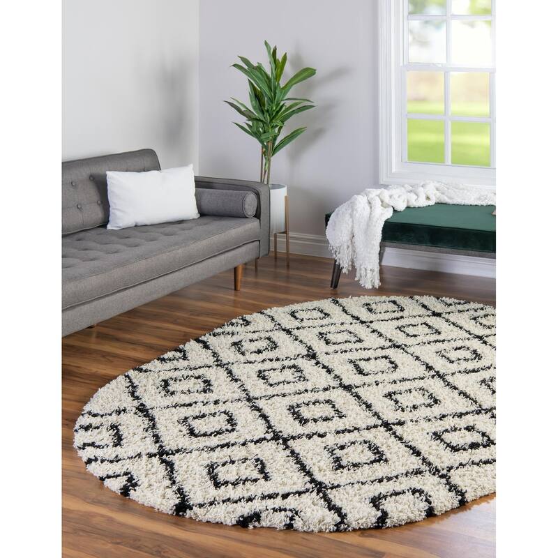 Shag Olido Collection Area Rug - 5'3"x8' Oval - White-Black