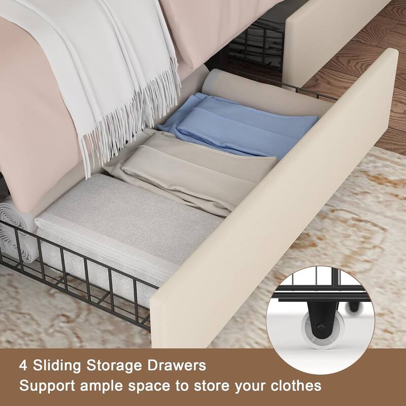 VECELO Upholstered Storage Bed Frame with 2 Side USB Ports and 4 Big Space Drawers, Velvet Headboard and Charging Station-Ports