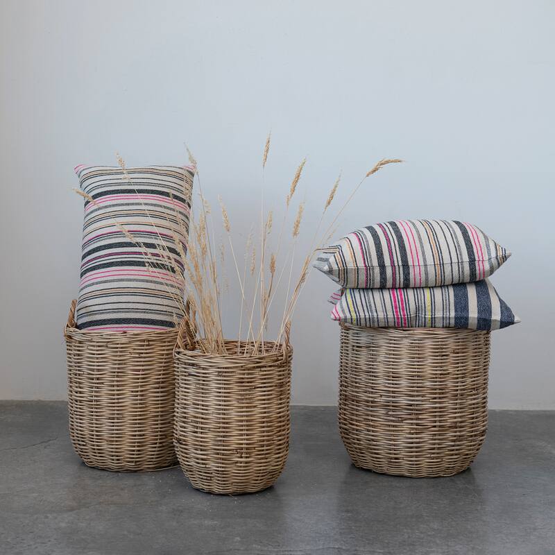 Cotton Blend Lumbar Pillow with Stripes - 38.0"L x 14.0"W x 0.3"H