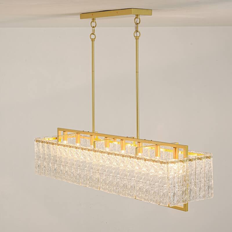 8-Light Gold Rectangular Chandelier with Water-Ripple Glass for Dining Room - 41.7 in. W x 11 in. D x 11.8 in. H