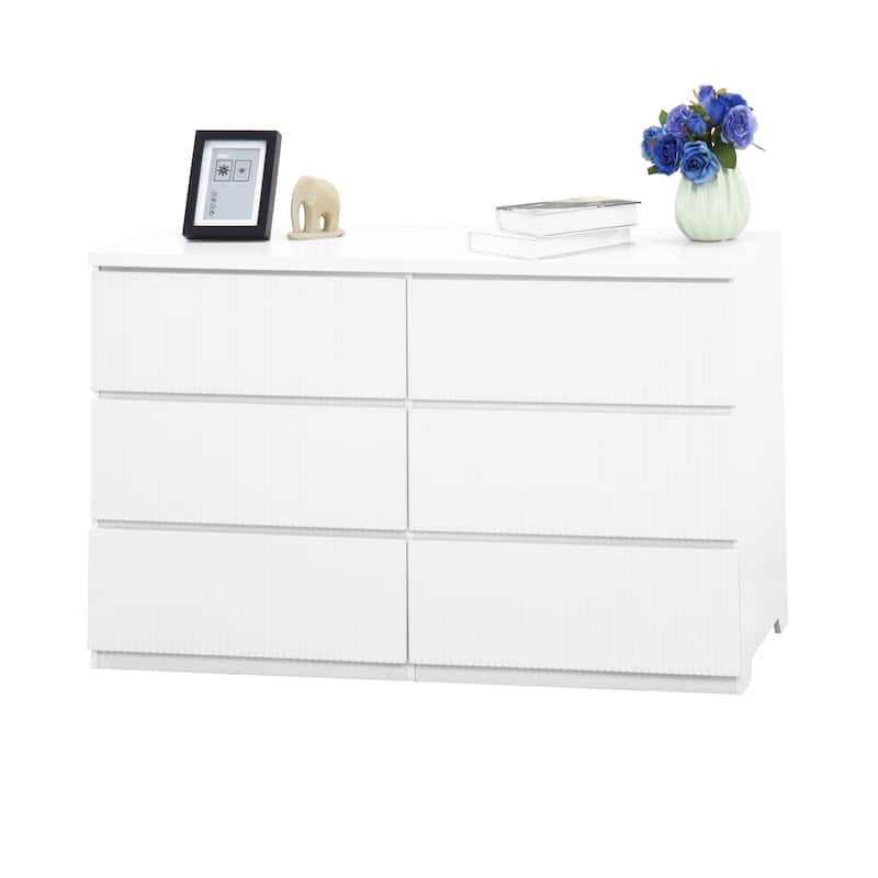 6 Drawer Storage Cabinet Dresser, Wood Storage Tower Clothes Organizer with Wavy Drawer Panel, Wide Chest of 6 Drawers