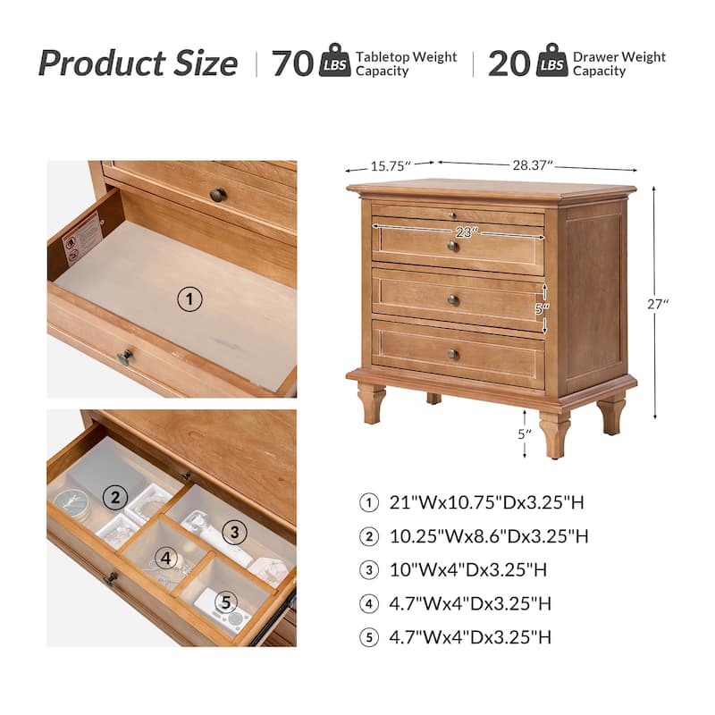 Muriel Farmhouse 3 Drawers Nightstand with Built-In Outlets Set of 2 by HULALA HOME