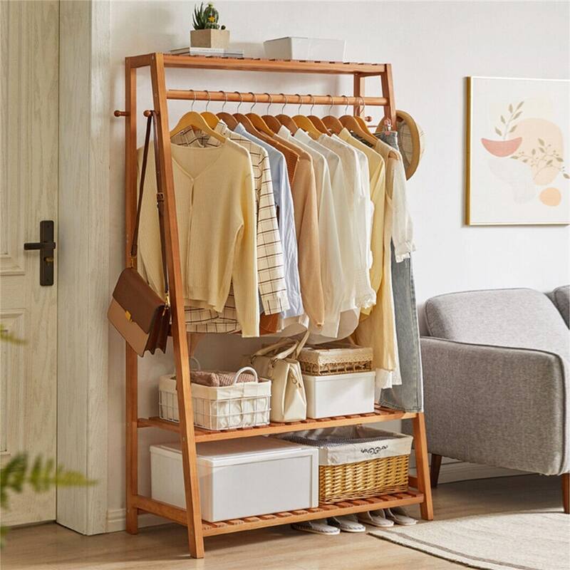 Bamboo Garment Rack Clothes Shelf Shoes Storage with Hooks