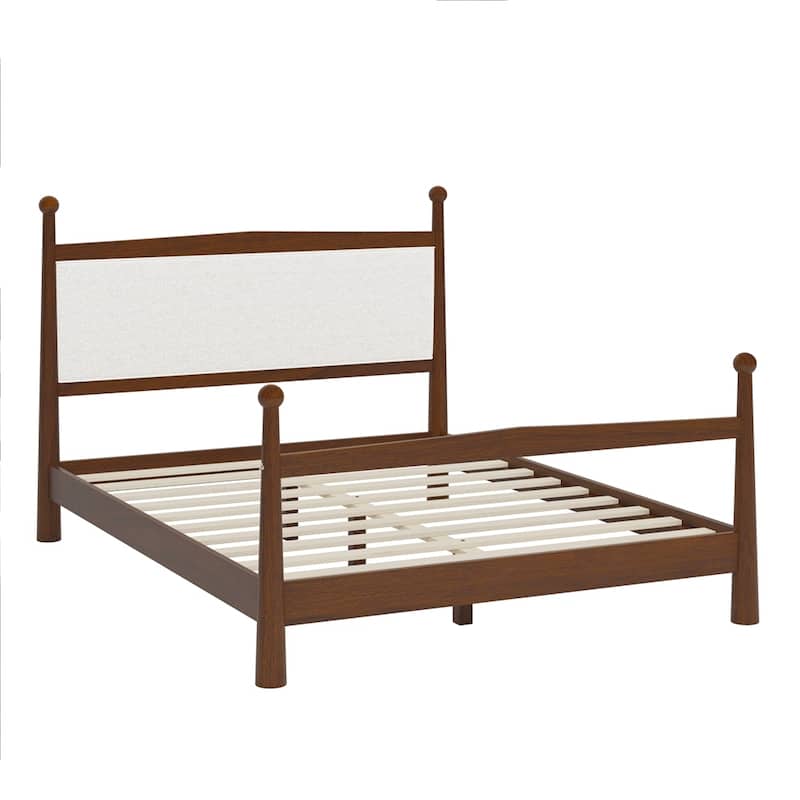 Boucle Fabric Upholstered Headboard Wood Platform Bed