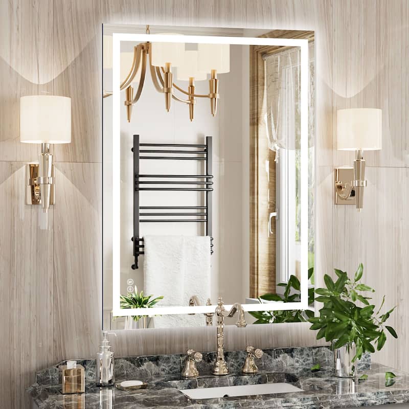 Extra Large LED Bathroom Mirror Anti-Fog Tempered Wall Vanity Mirror with Double Light Strip, Dimmable, UL-Listed