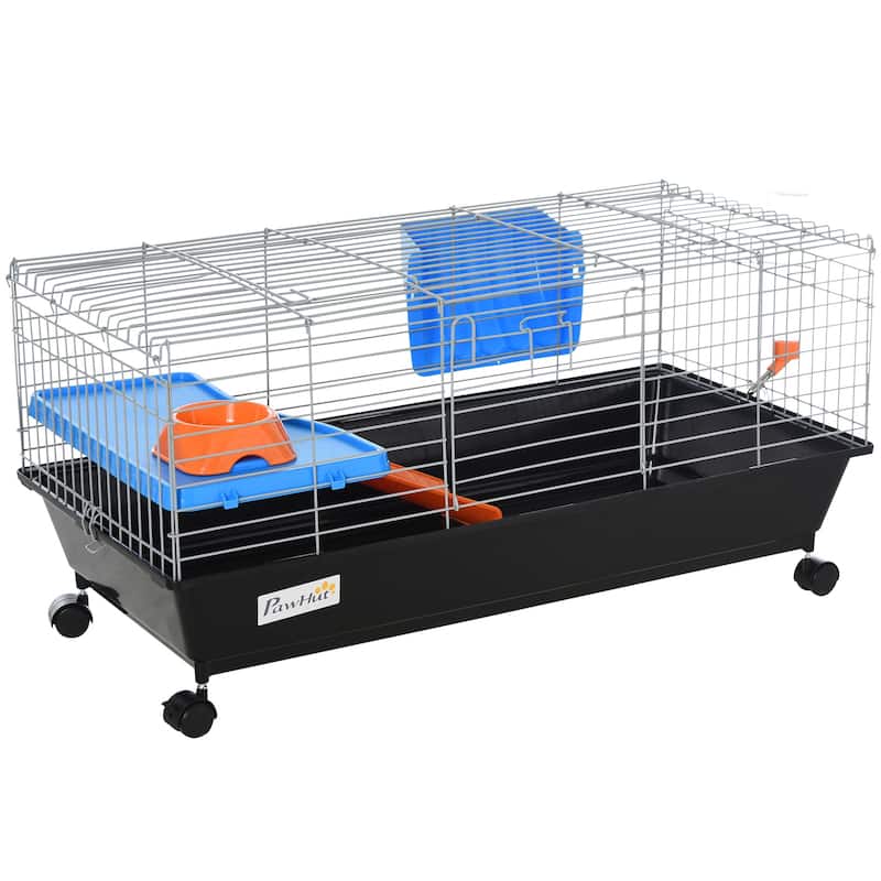 PawHut 35"L Small Animal Cage, Rolling Bunny Cage, Guinea Pig Cage with Food Dish, Water Bottle, Hay Feeder, Platform - Guinea Pig - Black