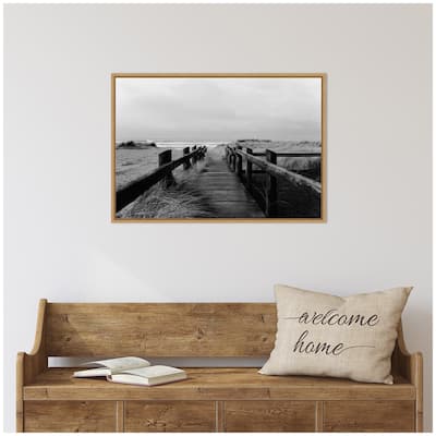 Kate and Laurel Sylvie Coastal Beach Boardwalk Black and White Framed Canvas by Patricia Hasz of Patricia Rae Photography