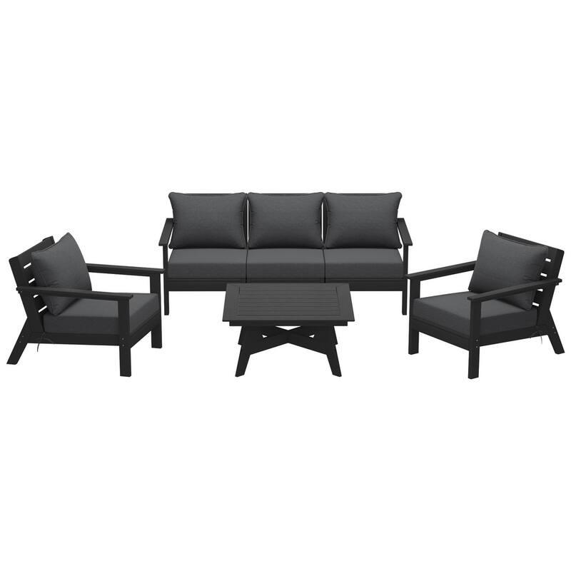 Birchwood All Weather HDPE Outdoor Patio Black Deep Seating Conversation Set (6-Piece Set)