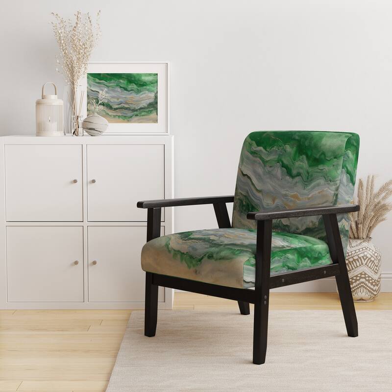 Designart "Coast Blue Sea Waves Watercolour" Upholstered Abstract Accent Chair - Modern Arm Chair For Bedroom - Arm Chair - Black Wood - Green