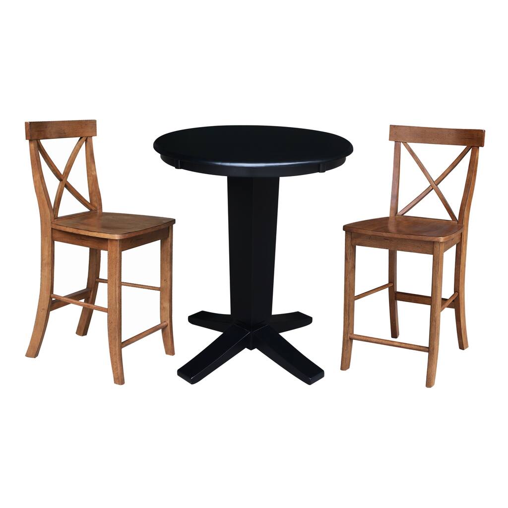 30 in Solid Wood Round Top Counter Height Dining Table with 2 Stools in Black/Distressed Oak