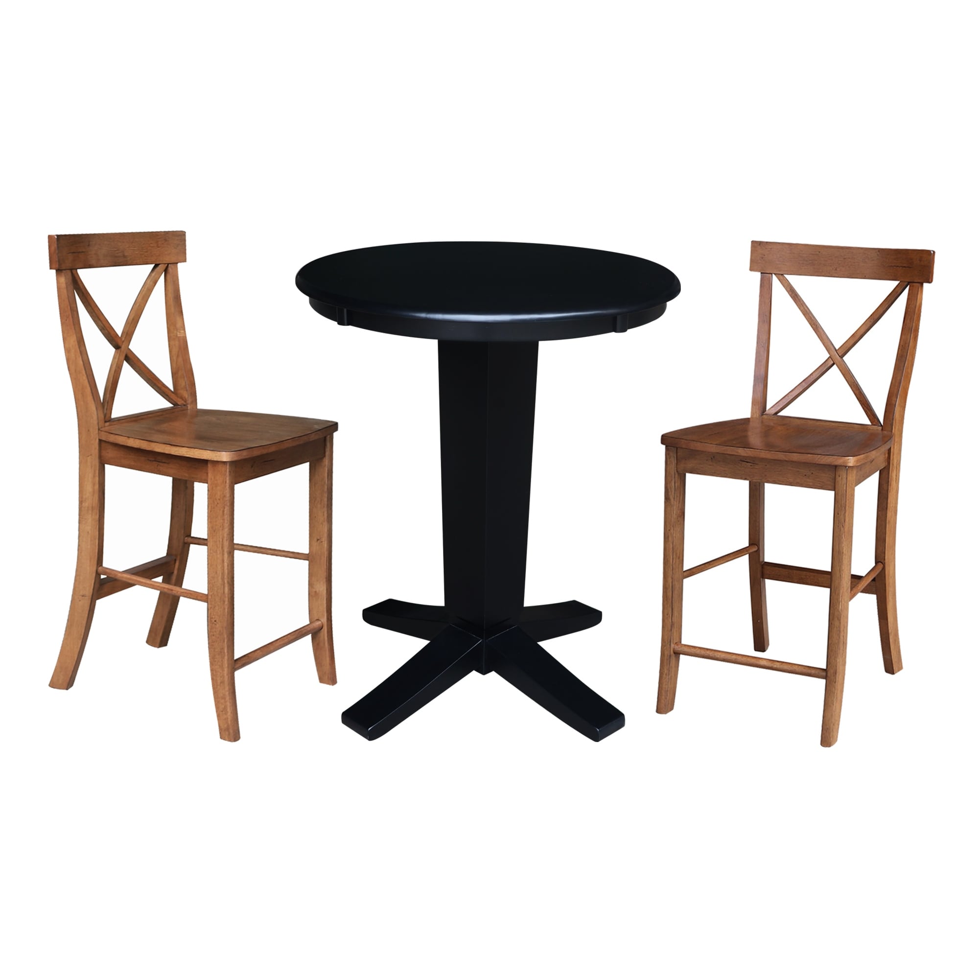 30 in Solid Wood Round Top Counter Height Dining Table with 2 Stools in Black/Distressed Oak