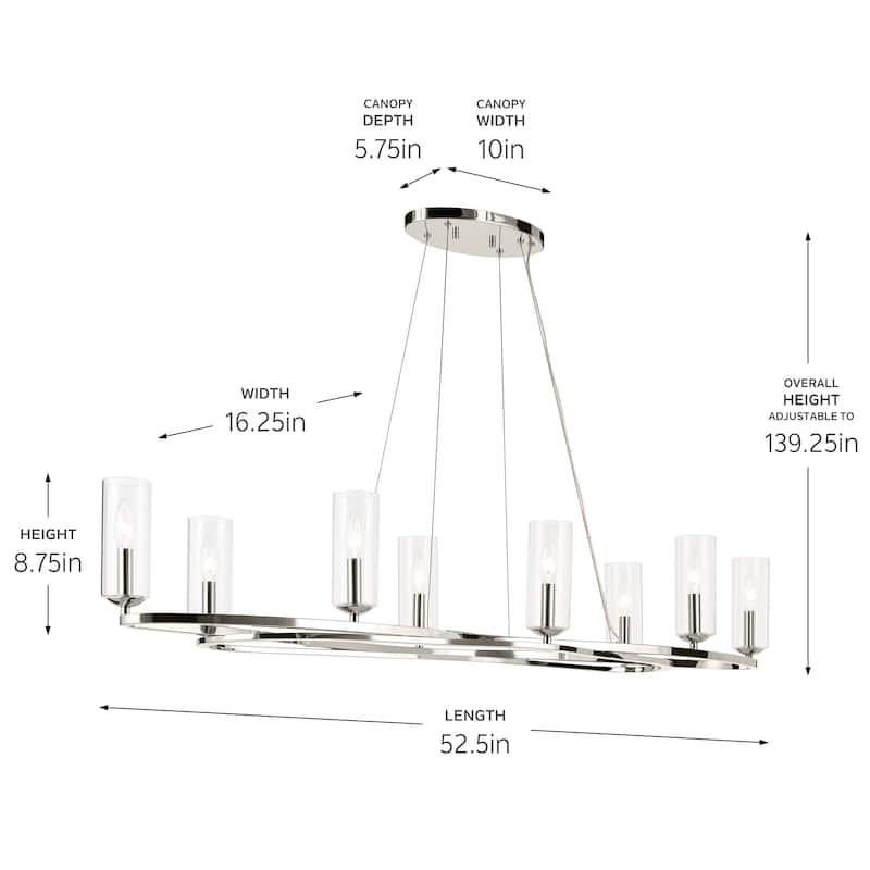 Harpin 52.5 Inch 8 Light Linear Chandelier with Clear Glass in Polished Nickel