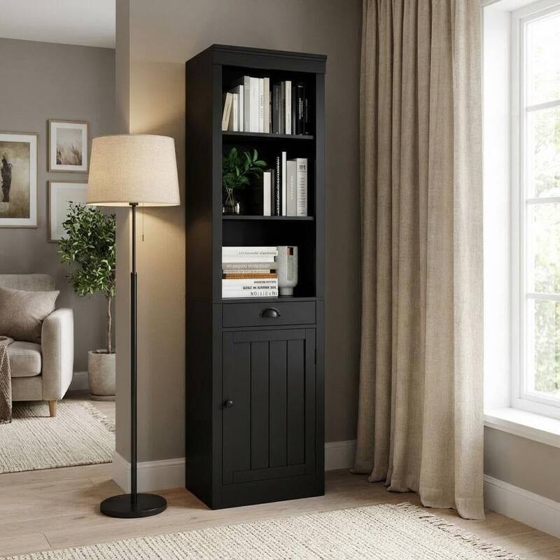 71 inch Tall Narrow Storage Bookcase with Drawers - Black