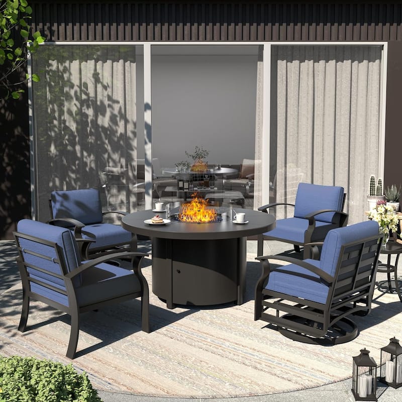 Patio Aluminum Sofa with Armrests, Outdoor Conversation Set with Round Fire Pit Table 5inch Thick Seat Cushions - 4Seats w/Swivel - Navy Blue