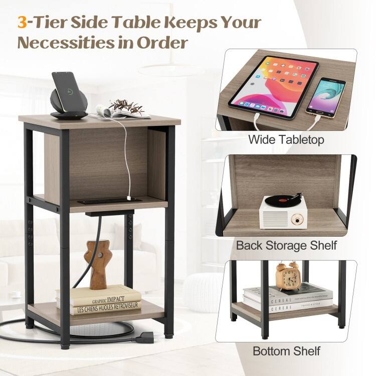 3-Tier End Table with USB Ports and Power Outlets