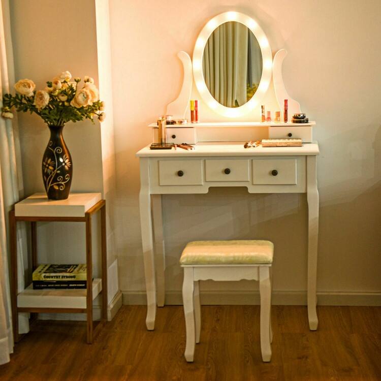 5 Drawers Vanity Table Stool Set with 12-LED Bulbs - 31.5" x 16" x 55" (L x W x H)