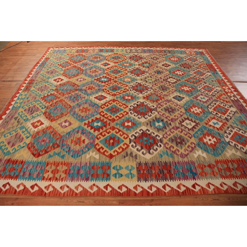Geometric Kilim Oriental Area Rug Flatweave Multi-Color Wool Carpet - 8'5"x 9'6"