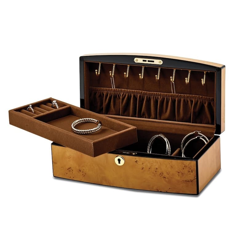 Curata Luxury Giftware High Gloss Finish Burlwood Veneer with Lift Tray Locking Wooden Jewelry Box