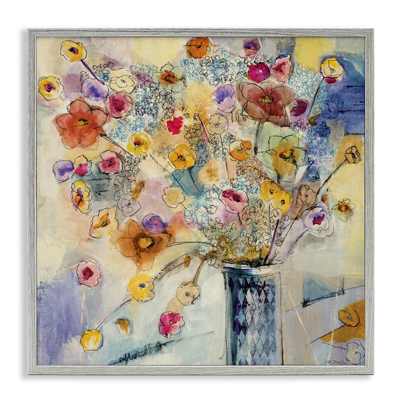 Stupell Painted Flowers Line Drawing Framed Giclee Texturized Art - Multi-Color - 12 x 12 - Grey