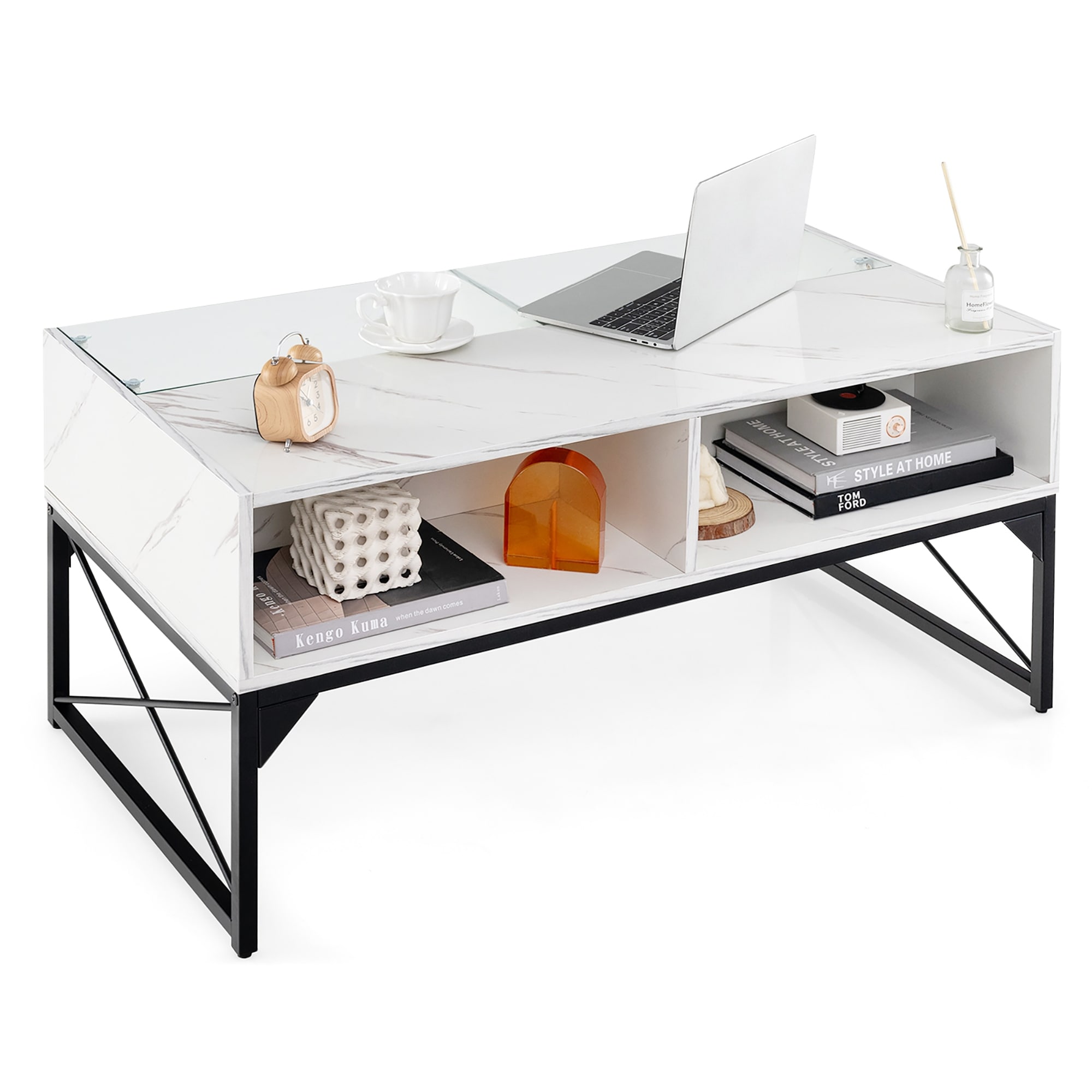 Gymax High-gloss LED Coffee Table w/ Faux Marble & Tempered Glass Top
