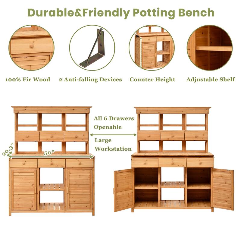 Outdoor Wood Workstation Table, Garden Potting Bench Table with Hutch, Storage Workstation with 2 Bottom Cabinets and Side Hooks