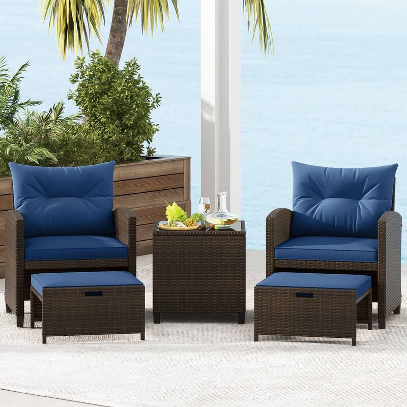 Costway 5 Piece Patio Rattan Furniture with 2 Ottomans & Tempered - See Details