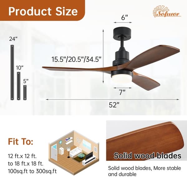 dimension image slide 4 of 14, Sofucor 48/52 Inch Ceiling Fan with Light, Solid Wood Blades for Living Room, Bedroom,Smart Optional