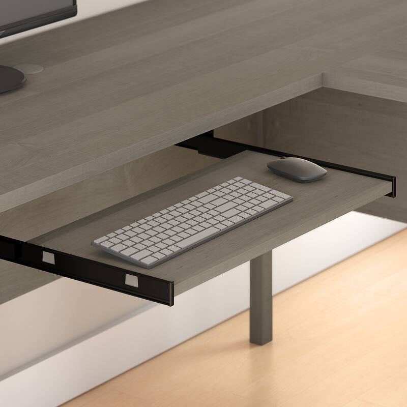 Somerset 60W L Shaped Desk with Hutch and 5 Shelf Bookcase in Ash Gray