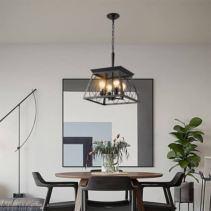 16" Black Gold Industrial 4-Light Pendant Chandelier, Modern Metal Cage Design, Adjustable Hanging Light(No Bulbs) - Golden Black