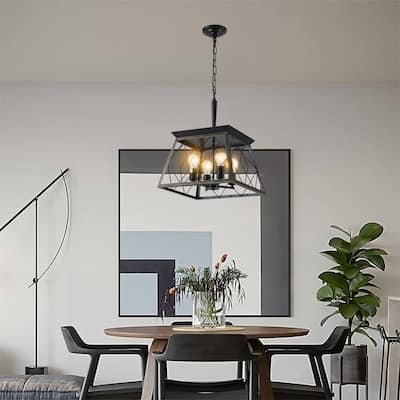 16" Black Gold Industrial 4-Light Pendant Chandelier, Modern Metal Cage Design, Adjustable Hanging Light(No Bulbs)
