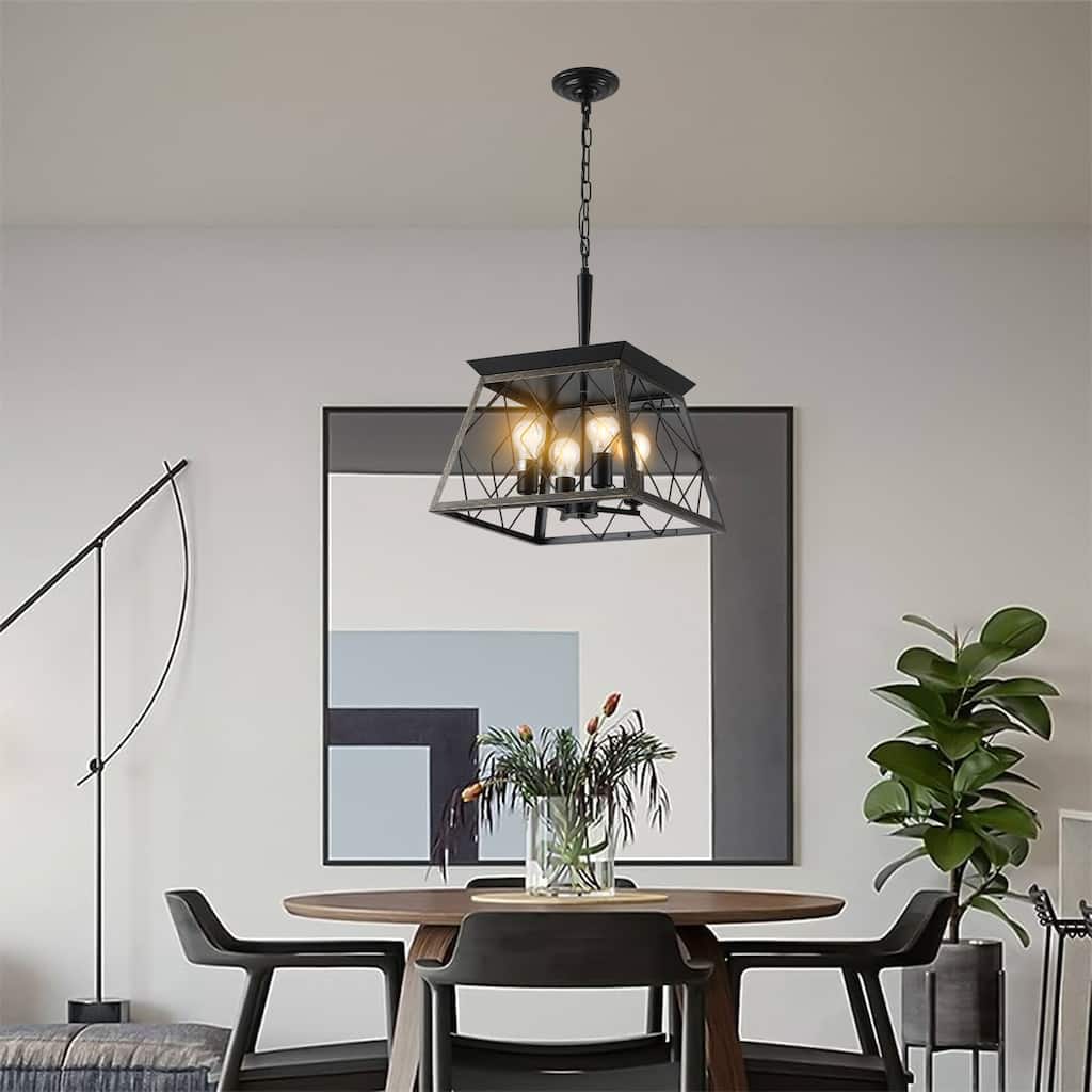 16" Black Gold Industrial 4-Light Pendant Chandelier, Modern Metal Cage Design, Adjustable Hanging Light(No Bulbs)