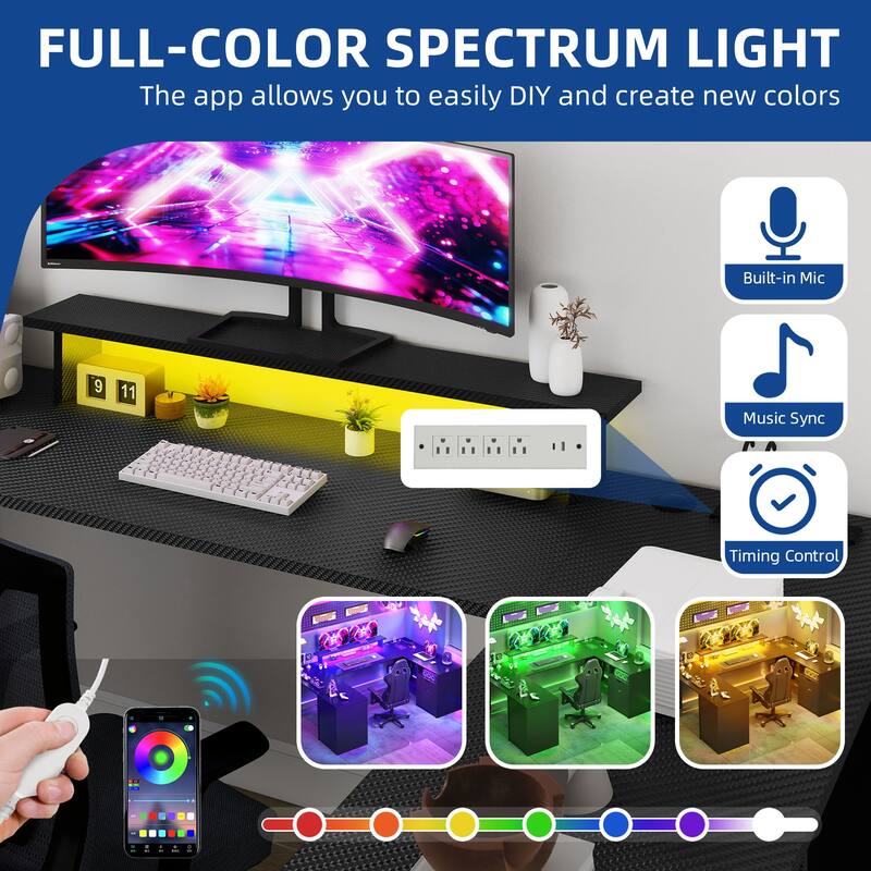 Moasis Farmhouse U-Shaped Desk with LED Lights & Power Outlet