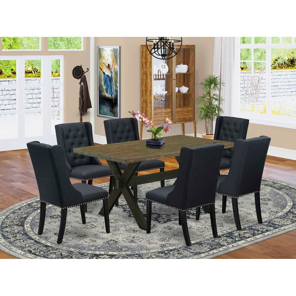 HomeStock 7-Piece Rectangle Distressed Jacobean Finish Solid Wood Top Dining Table with 6 Parson Chairs