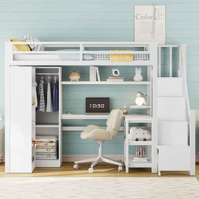 White Loft Bed w/Desk, Wardrobe & Stepped Stairs, Metal Loft Bed Storage Bed Frame w/ USB Ports & 5-Layer Shelf for Adults, Kids