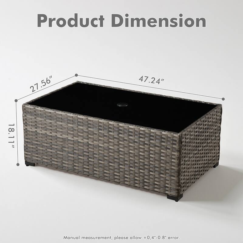 HOOOWOOO Wicker Rattan Patio Rectangle Coffee Table with Umbrella Hole